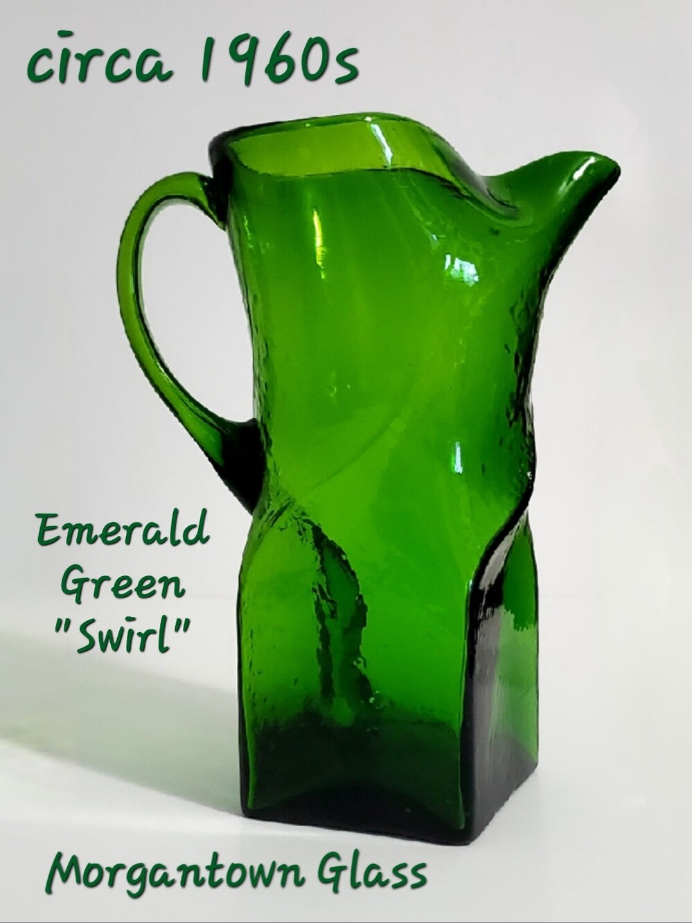 1960s Swirl Emerald Green 80oz Brutalist Square Base Twisted 11" Glass Pitcher